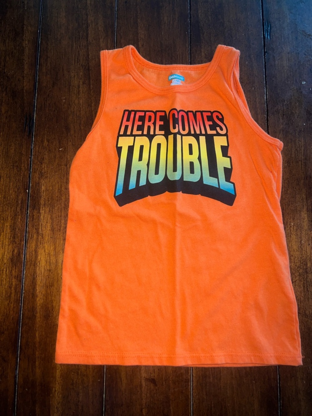🎉🎉 5 for $20🎉🎉 Kids Orange Tank Top - "Here Comes Trouble" Graphic